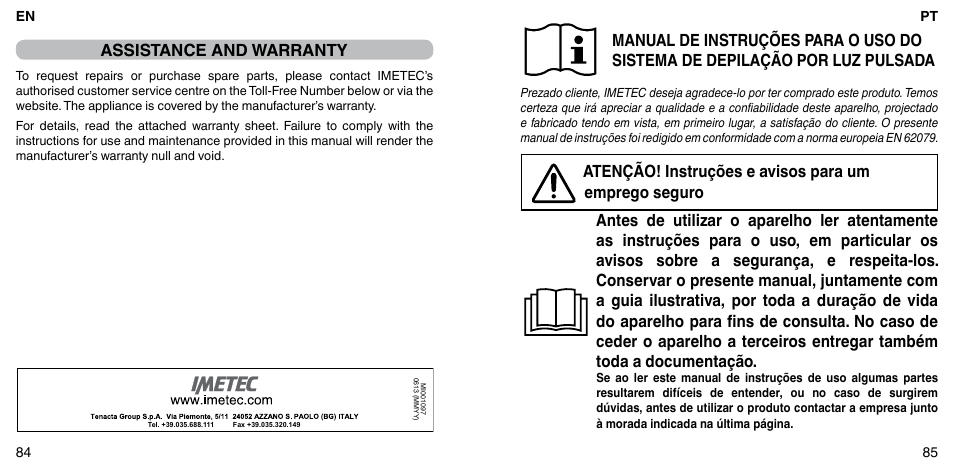 Assistance and warranty | Imetec BELLISSIMA ZERO User Manual | Page 44 / 59