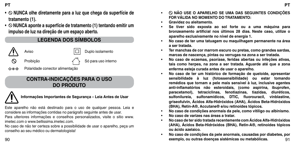 Contra-indicações para o uso do produto | Imetec BELLISSIMA ZERO User Manual | Page 47 / 59