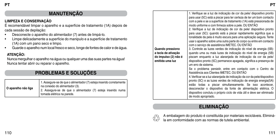 Manutenção, Problemas e soluções, Eliminação | Imetec BELLISSIMA ZERO User Manual | Page 57 / 59