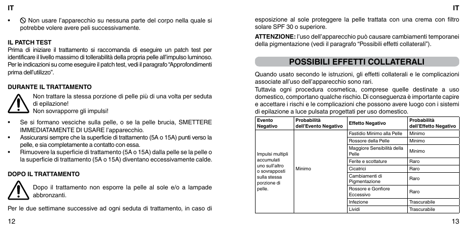 Possibili effetti collaterali, It 13 it 12 | Imetec BELLISSIMA FLASH & GO PLUS User Manual | Page 10 / 63