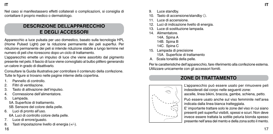 Descrizione dell’apparecchio e degli accessori, Zone di trattamento | Imetec BELLISSIMA FLASH & GO PLUS User Manual | Page 12 / 63