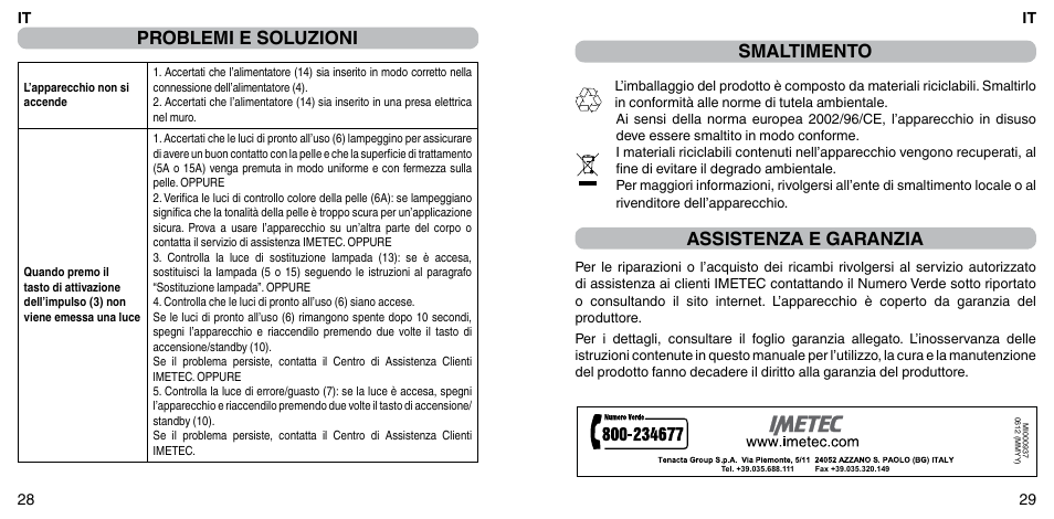 Problemi e soluzioni, Smaltimento, Assistenza e garanzia | Imetec BELLISSIMA FLASH & GO PLUS User Manual | Page 18 / 63