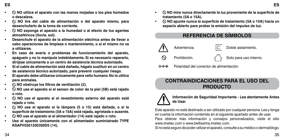 Referencia de símbolos, Contraindicaciones para el uso del producto | Imetec BELLISSIMA FLASH & GO PLUS User Manual | Page 21 / 63