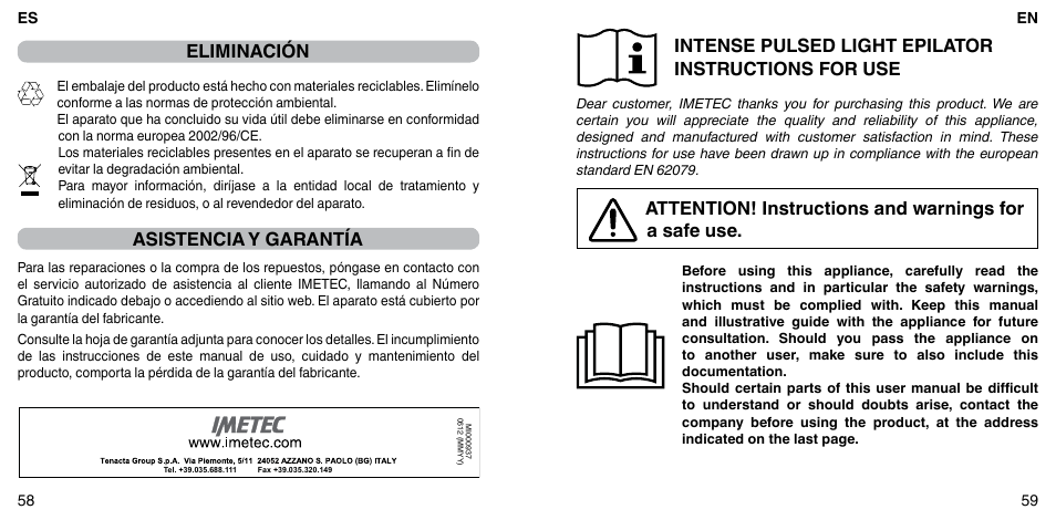 Eliminación, Asistencia y garantía, Intense pulsed light epilator instructions for use | Imetec BELLISSIMA FLASH & GO PLUS User Manual | Page 33 / 63