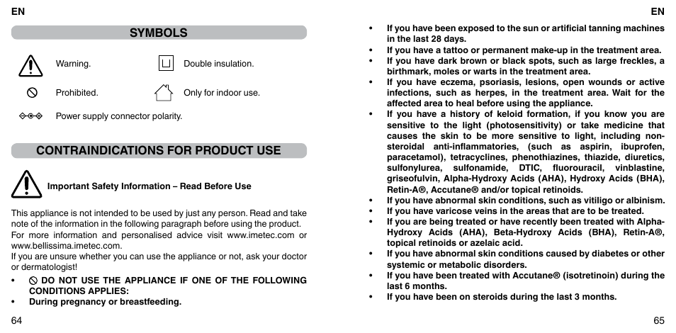 Symbols, Contraindications for product use | Imetec BELLISSIMA FLASH & GO PLUS User Manual | Page 36 / 63