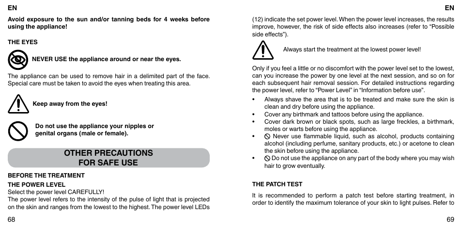 Other precautions for safe use | Imetec BELLISSIMA FLASH & GO PLUS User Manual | Page 38 / 63