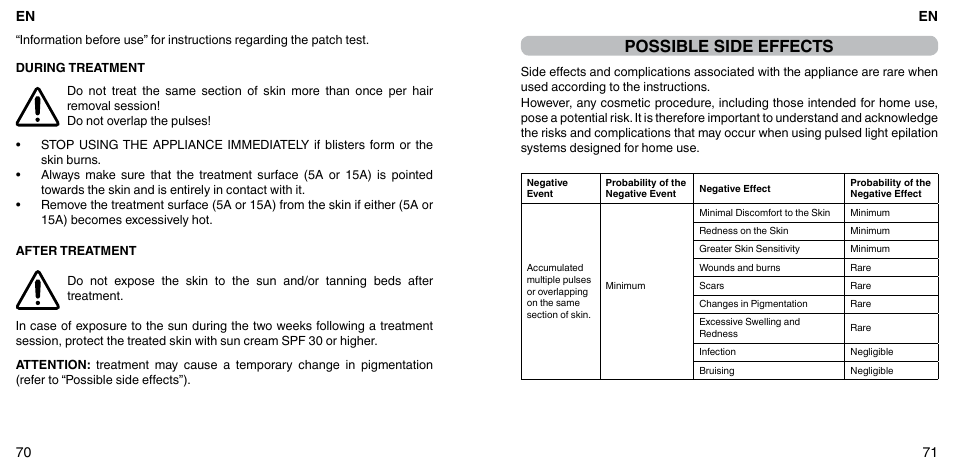 Possible side effects, En 71 en 70 | Imetec BELLISSIMA FLASH & GO PLUS User Manual | Page 39 / 63