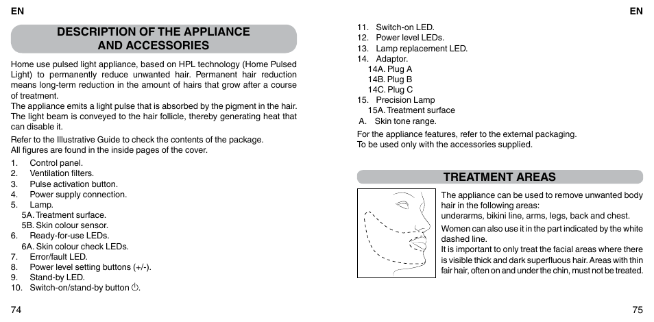 Description of the appliance and accessories, Treatment areas | Imetec BELLISSIMA FLASH & GO PLUS User Manual | Page 41 / 63
