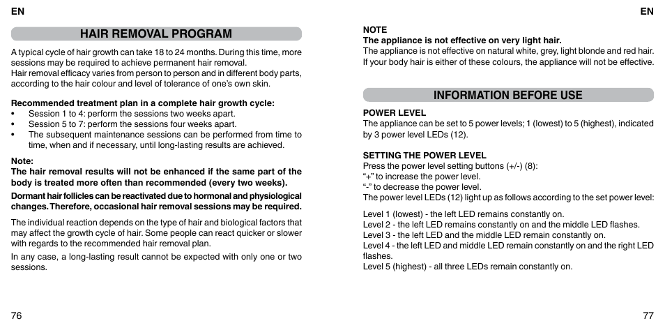 Hair removal program, Information before use | Imetec BELLISSIMA FLASH & GO PLUS User Manual | Page 42 / 63