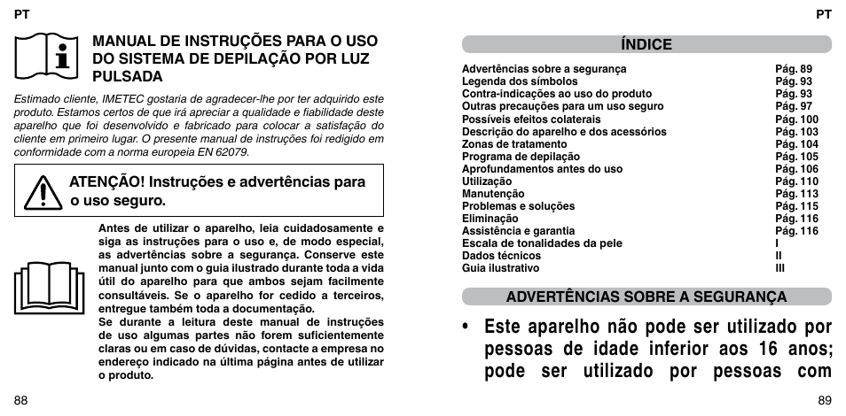 Índice, Advertências sobre a segurança | Imetec BELLISSIMA FLASH & GO PLUS User Manual | Page 48 / 63