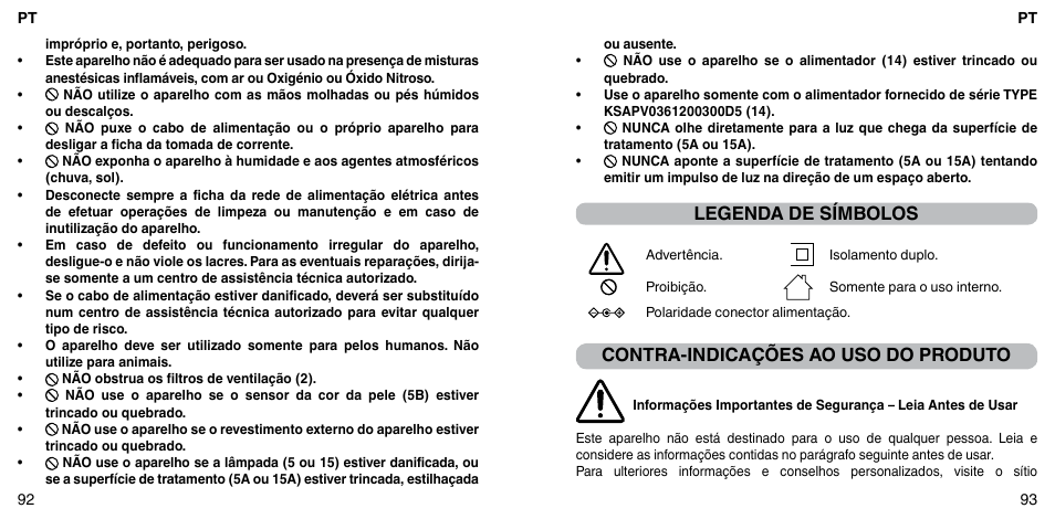 Legenda de símbolos, Contra-indicações ao uso do produto | Imetec BELLISSIMA FLASH & GO PLUS User Manual | Page 50 / 63