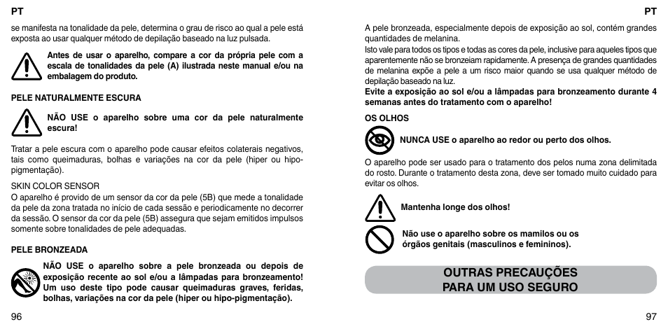 Outras precauções para um uso seguro | Imetec BELLISSIMA FLASH & GO PLUS User Manual | Page 52 / 63