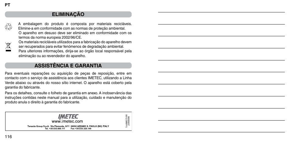 Eliminação, Assistência e garantia | Imetec BELLISSIMA FLASH & GO PLUS User Manual | Page 62 / 63