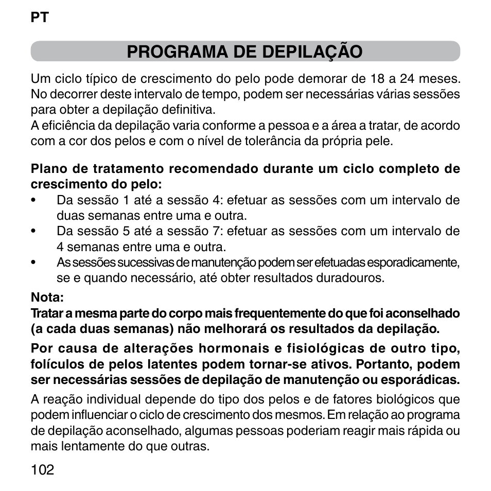 Programa de depilação | Imetec BELLISSIMA SENSEPIL LUX User Manual | Page 106 / 118