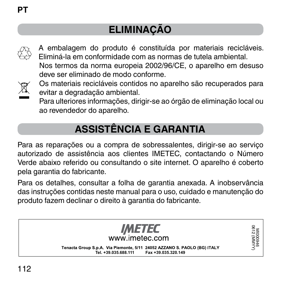 Eliminação, Assistência e garantia, Pt 112 | Imetec BELLISSIMA SENSEPIL LUX User Manual | Page 116 / 118