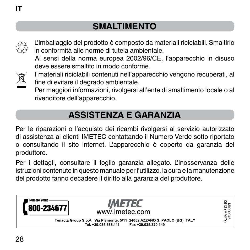 Smaltimento, Assistenza e garanzia, It 28 | Imetec BELLISSIMA SENSEPIL LUX User Manual | Page 32 / 118