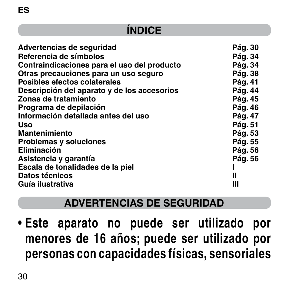 Índice, Advertencias de seguridad | Imetec BELLISSIMA SENSEPIL LUX User Manual | Page 34 / 118