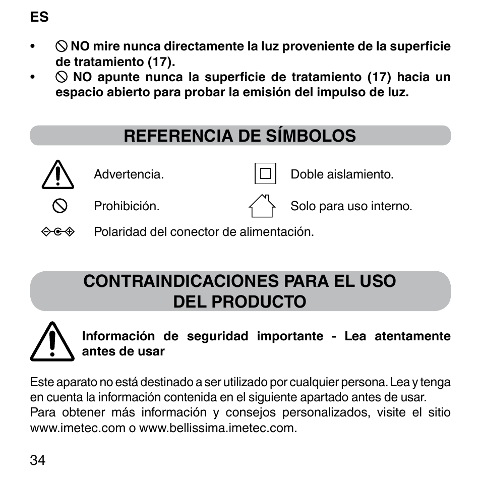 Referencia de símbolos, Contraindicaciones para el uso del producto | Imetec BELLISSIMA SENSEPIL LUX User Manual | Page 38 / 118