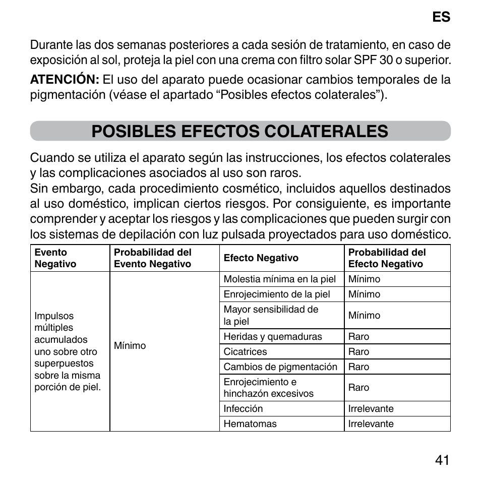 Posibles efectos colaterales, Es 41 | Imetec BELLISSIMA SENSEPIL LUX User Manual | Page 45 / 118