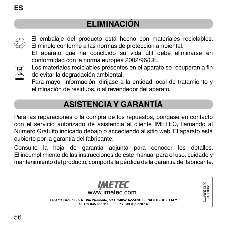 Eliminación, Asistencia y garantía, Es 56 | Imetec BELLISSIMA SENSEPIL LUX User Manual | Page 60 / 118