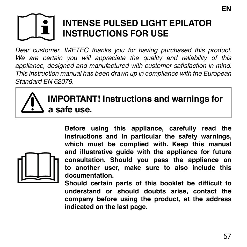 Intense pulsed light epilator instructions for use | Imetec BELLISSIMA SENSEPIL LUX User Manual | Page 61 / 118