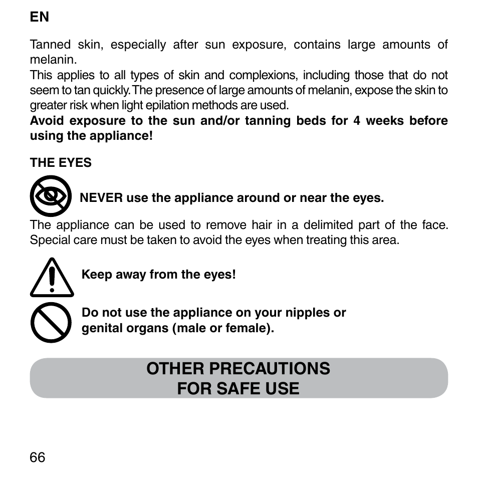 Other precautions for safe use | Imetec BELLISSIMA SENSEPIL LUX User Manual | Page 70 / 118