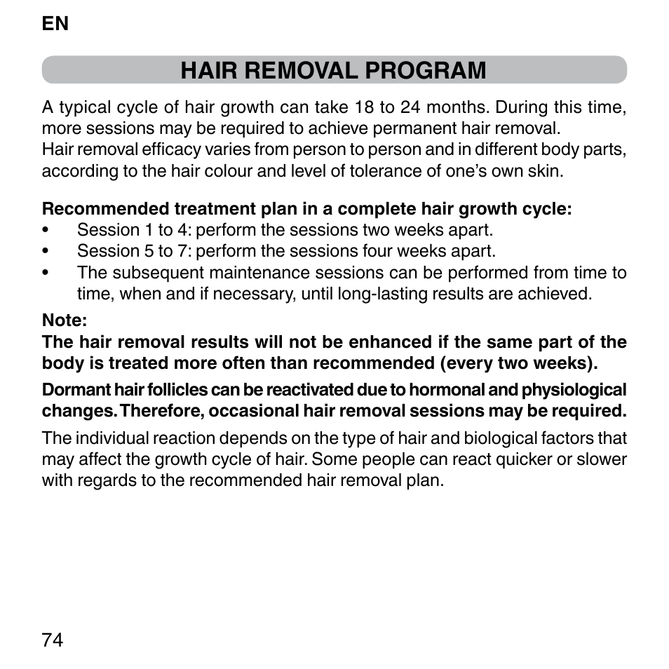 Hair removal program | Imetec BELLISSIMA SENSEPIL LUX User Manual | Page 78 / 118