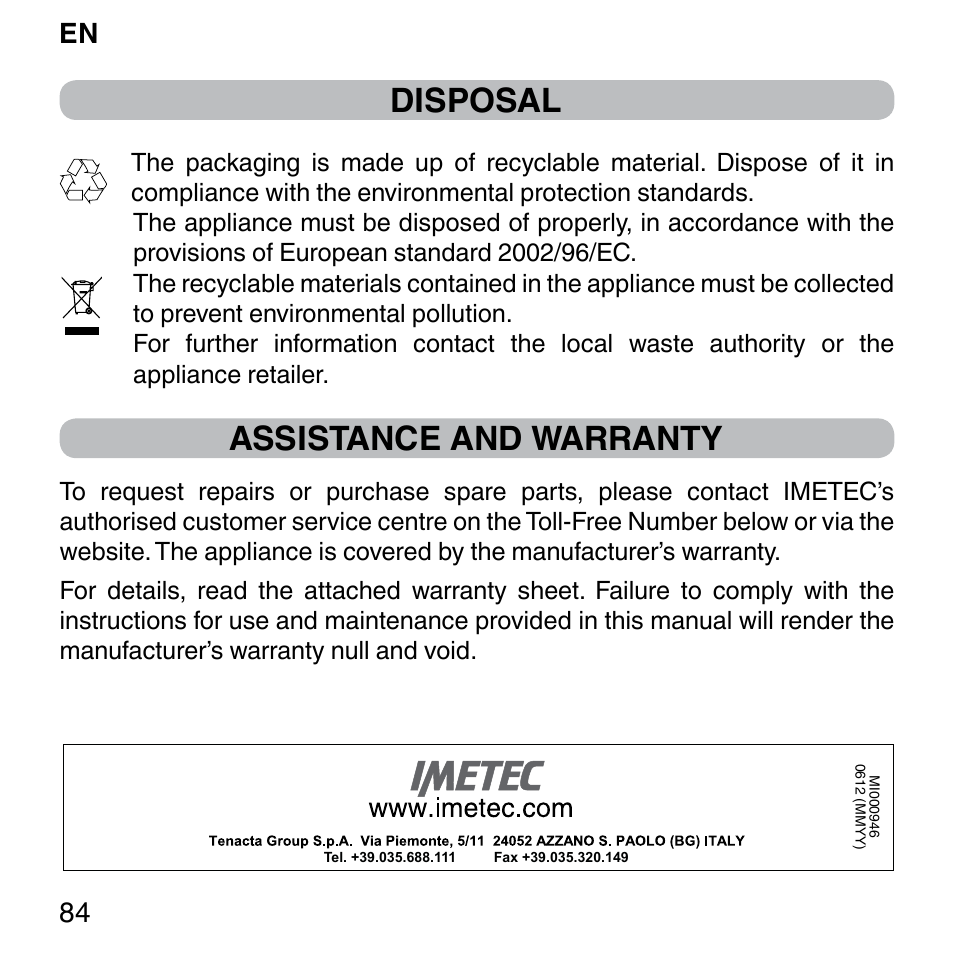 Disposal, Assistance and warranty, En 84 | Imetec BELLISSIMA SENSEPIL LUX User Manual | Page 88 / 118