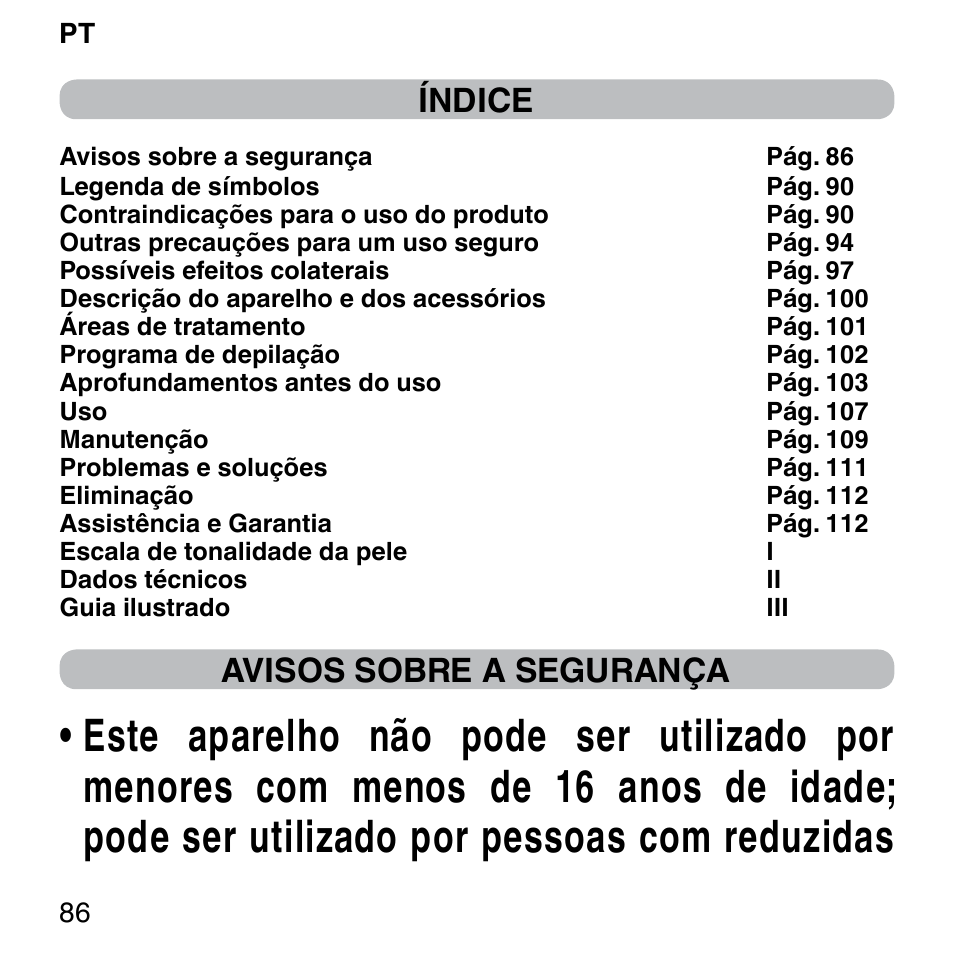 Índice, Avisos sobre a segurança | Imetec BELLISSIMA SENSEPIL LUX User Manual | Page 90 / 118