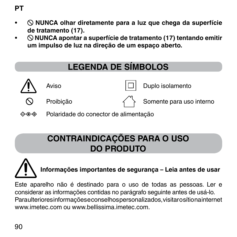 Legenda de símbolos, Contraindicações para o uso do produto | Imetec BELLISSIMA SENSEPIL LUX User Manual | Page 94 / 118