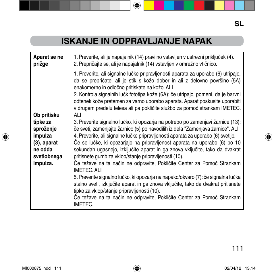 Iskanje in odpravljanje napak, Sl 111 | Imetec BELLISSIMA FLASH & GO DISPOSABLE LAMP User Manual | Page 117 / 146