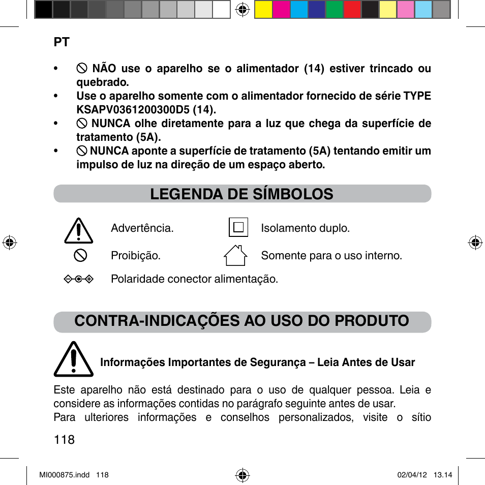 Legenda de símbolos, Contra-indicações ao uso do produto | Imetec BELLISSIMA FLASH & GO DISPOSABLE LAMP User Manual | Page 124 / 146
