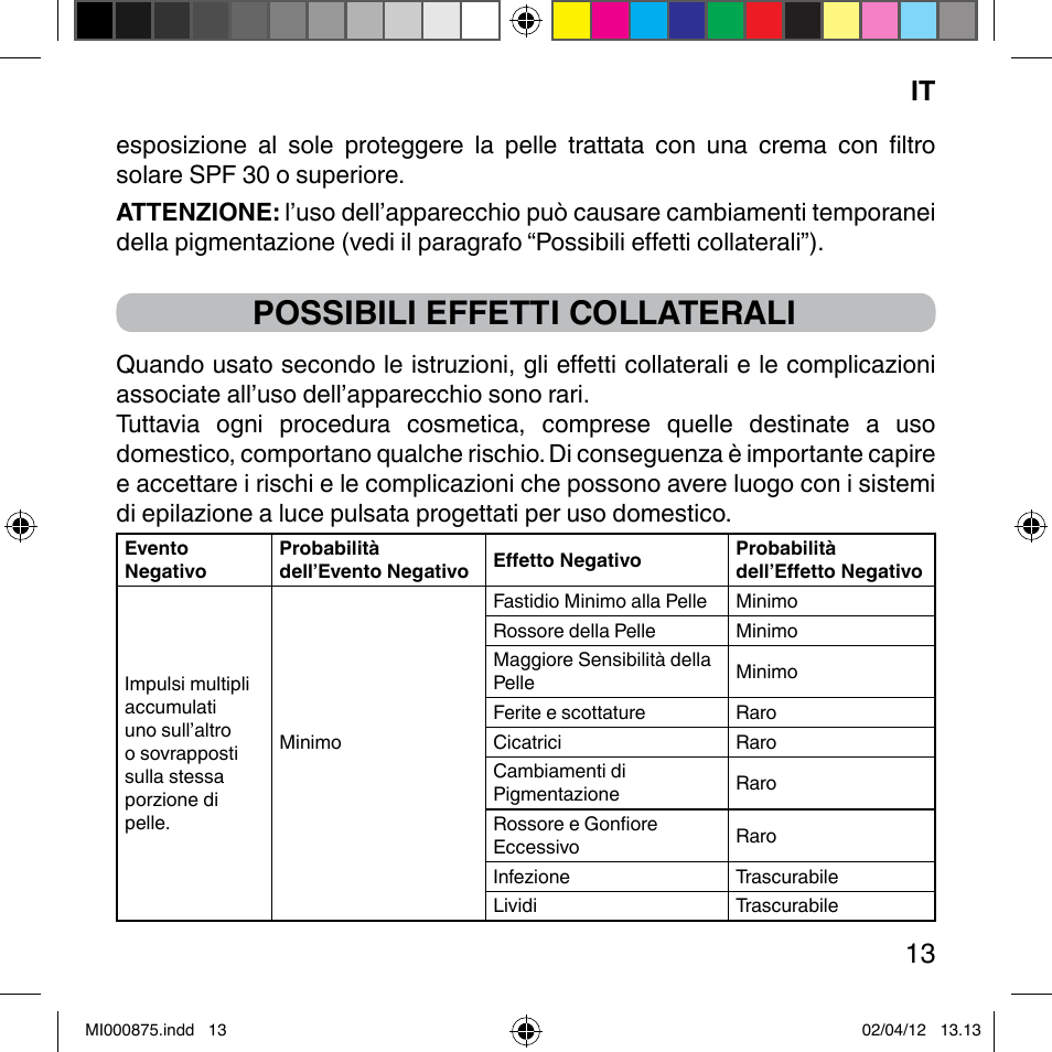 Possibili effetti collaterali, It 13 | Imetec BELLISSIMA FLASH & GO DISPOSABLE LAMP User Manual | Page 19 / 146