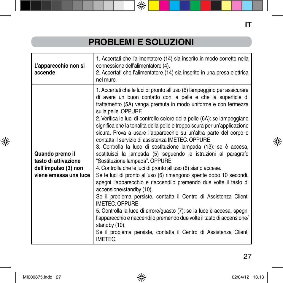 Problemi e soluzioni, It 27 | Imetec BELLISSIMA FLASH & GO DISPOSABLE LAMP User Manual | Page 33 / 146