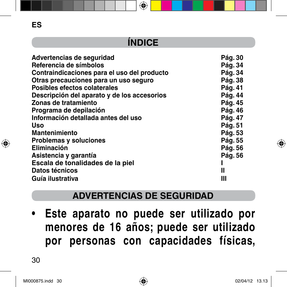 Índice, Advertencias de seguridad | Imetec BELLISSIMA FLASH & GO DISPOSABLE LAMP User Manual | Page 36 / 146