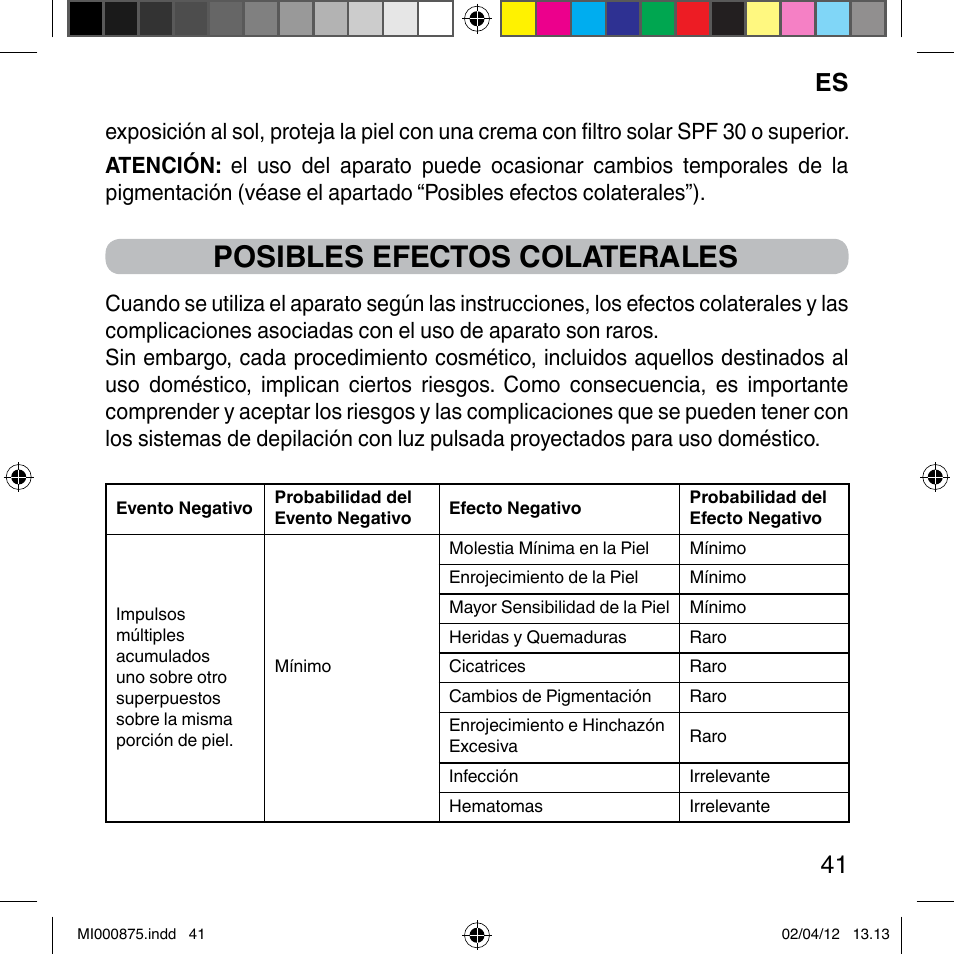 Posibles efectos colaterales, Es 41 | Imetec BELLISSIMA FLASH & GO DISPOSABLE LAMP User Manual | Page 47 / 146