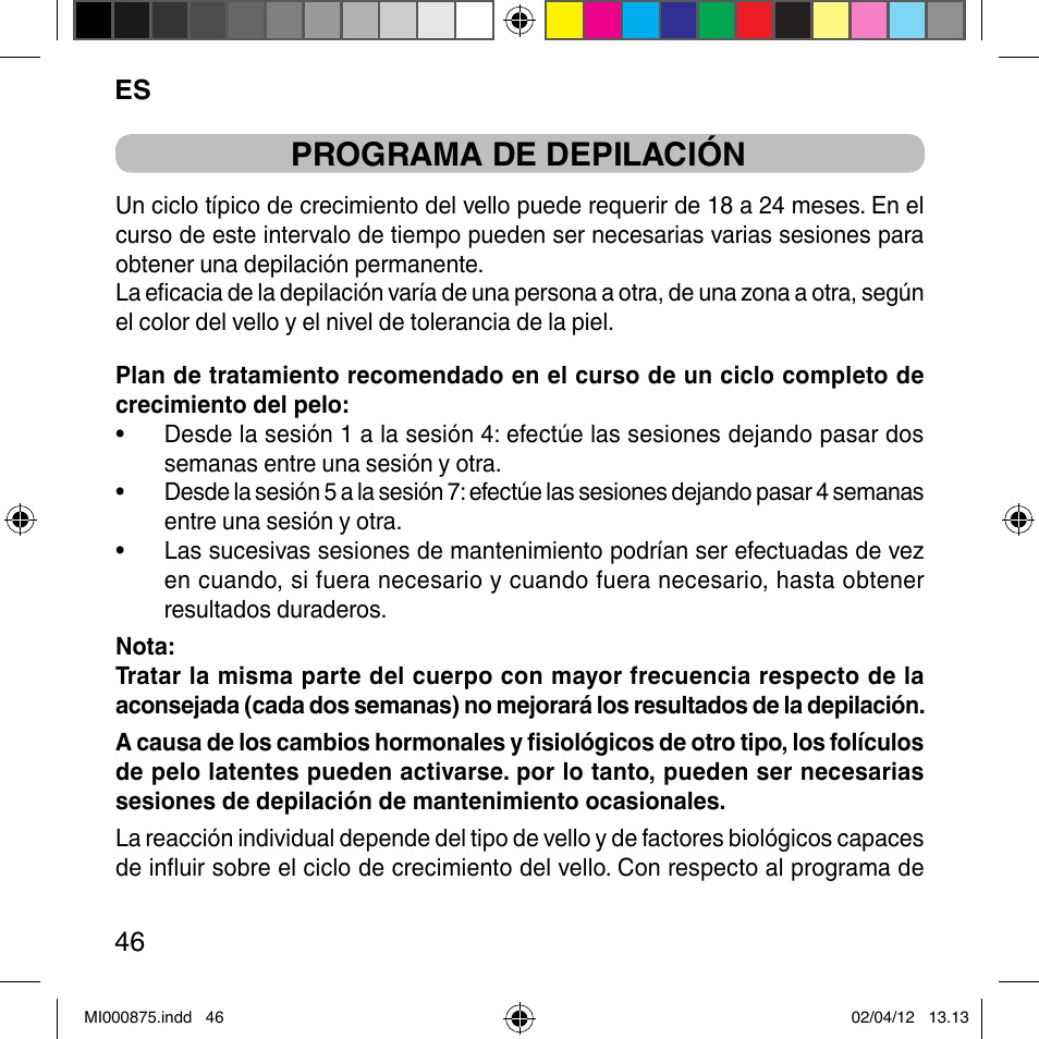 Programa de depilación | Imetec BELLISSIMA FLASH & GO DISPOSABLE LAMP User Manual | Page 52 / 146