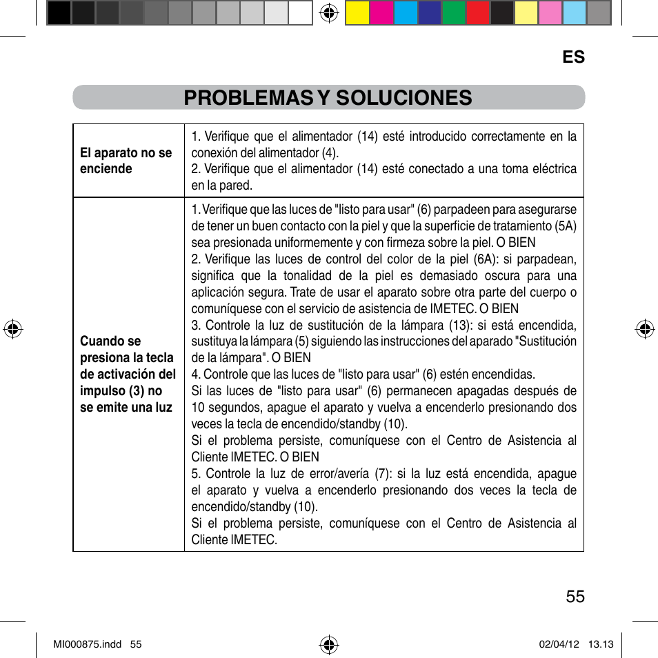Problemas y soluciones, Es 55 | Imetec BELLISSIMA FLASH & GO DISPOSABLE LAMP User Manual | Page 61 / 146