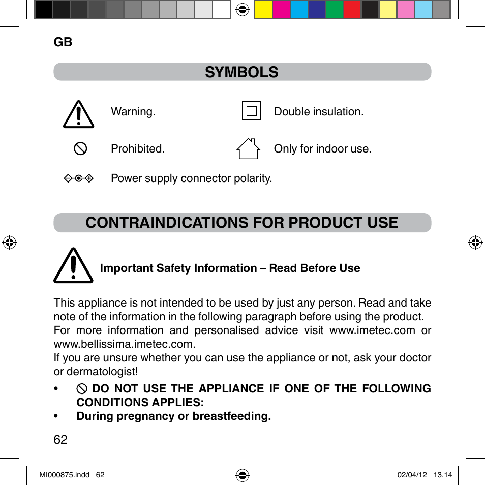 Symbols, Contraindications for product use | Imetec BELLISSIMA FLASH & GO DISPOSABLE LAMP User Manual | Page 68 / 146