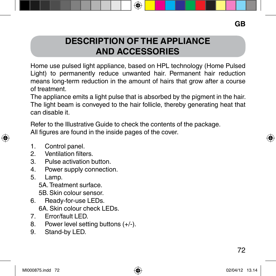 Description of the appliance and accessories | Imetec BELLISSIMA FLASH & GO DISPOSABLE LAMP User Manual | Page 78 / 146