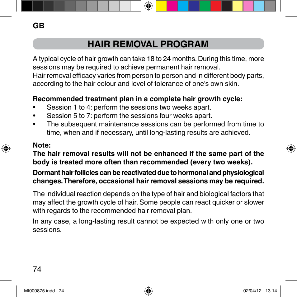 Hair removal program | Imetec BELLISSIMA FLASH & GO DISPOSABLE LAMP User Manual | Page 80 / 146