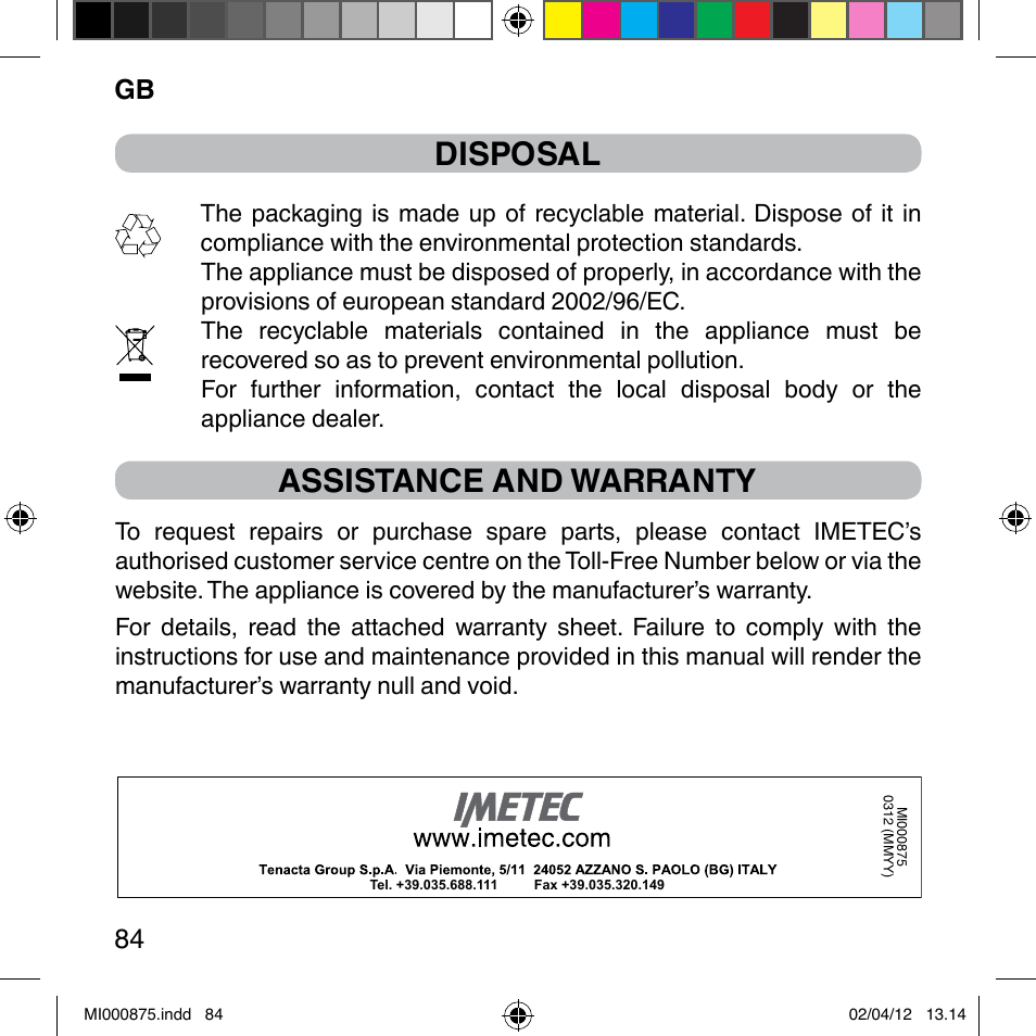 Disposal, Assistance and warranty, Gb 84 | Imetec BELLISSIMA FLASH & GO DISPOSABLE LAMP User Manual | Page 90 / 146