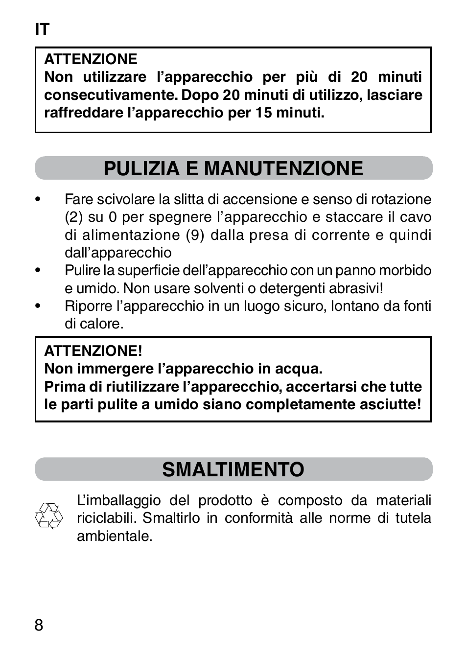 Pulizia e manutenzione, Smaltimento | Imetec BELLISSIMA SENSITIVE MP1 100 User Manual | Page 10 / 29