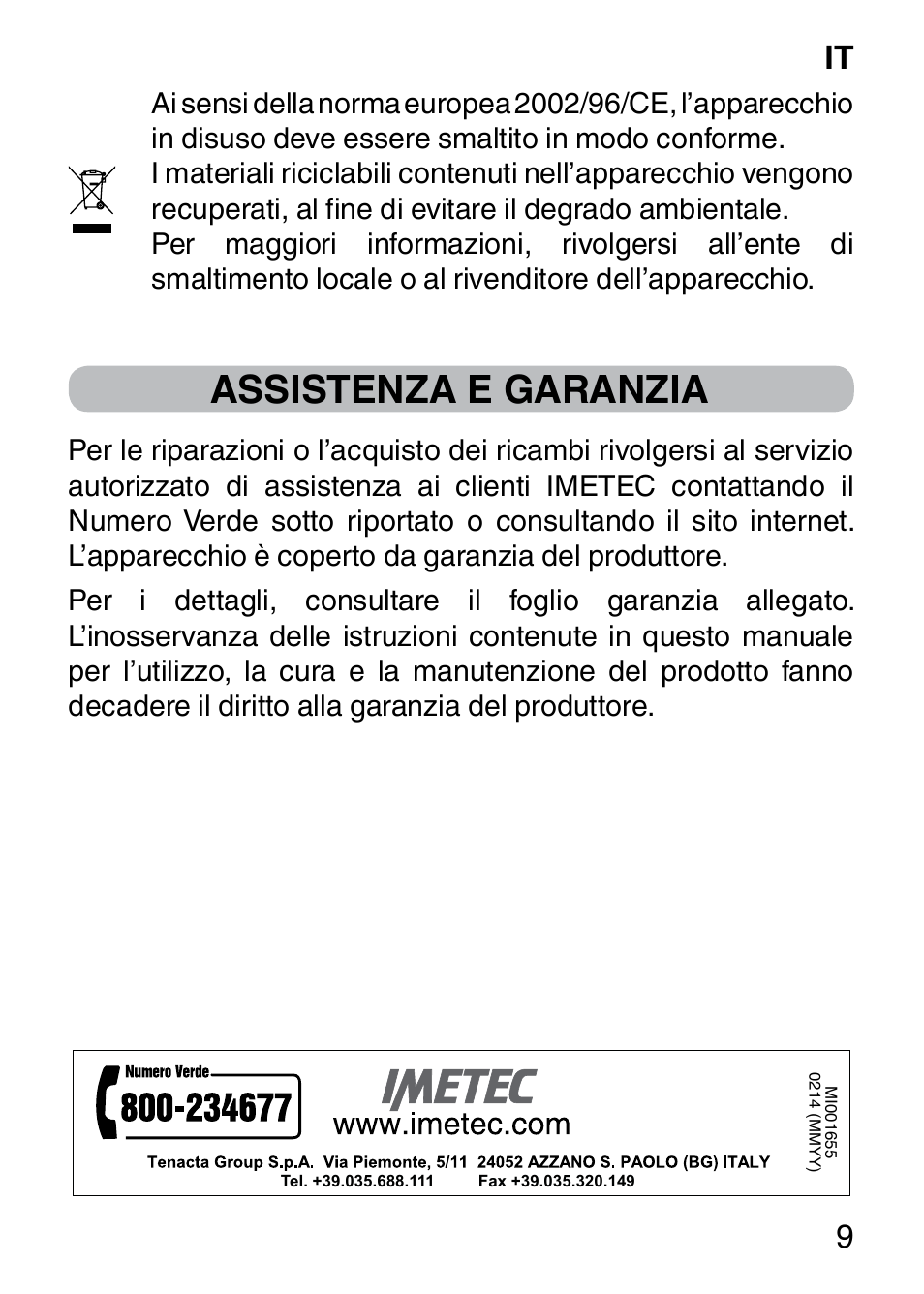 Assistenza e garanzia, It 9 | Imetec BELLISSIMA SENSITIVE MP1 100 User Manual | Page 11 / 29
