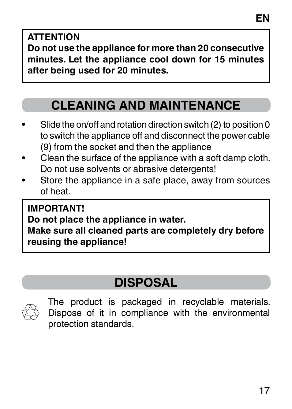 Cleaning and maintenance, Disposal | Imetec BELLISSIMA SENSITIVE MP1 100 User Manual | Page 19 / 29