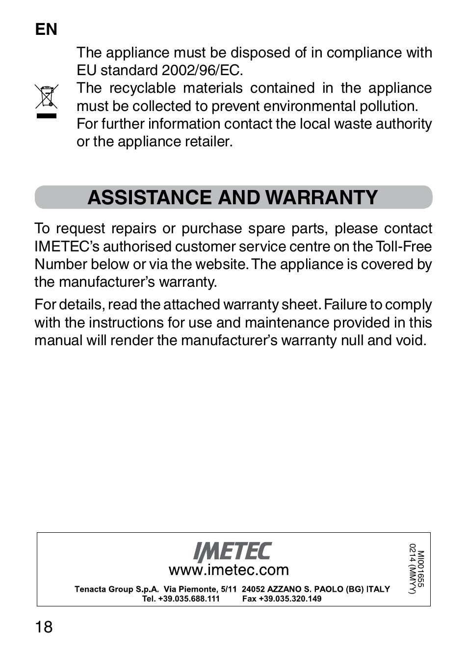 Assistance and warranty, En 18 | Imetec BELLISSIMA SENSITIVE MP1 100 User Manual | Page 20 / 29