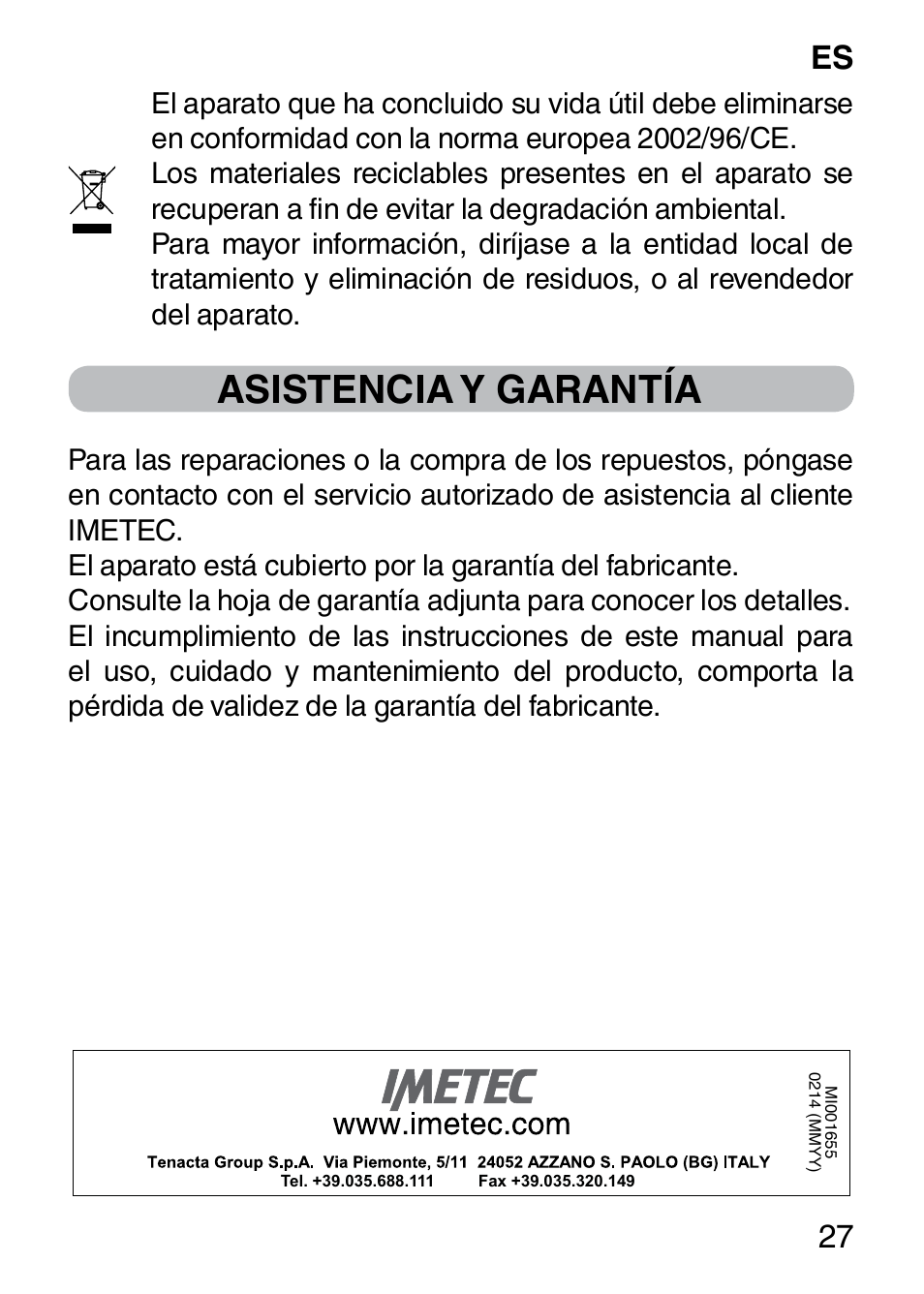 Asistencia y garantía, Es 27 | Imetec BELLISSIMA SENSITIVE MP1 100 User Manual | Page 29 / 29