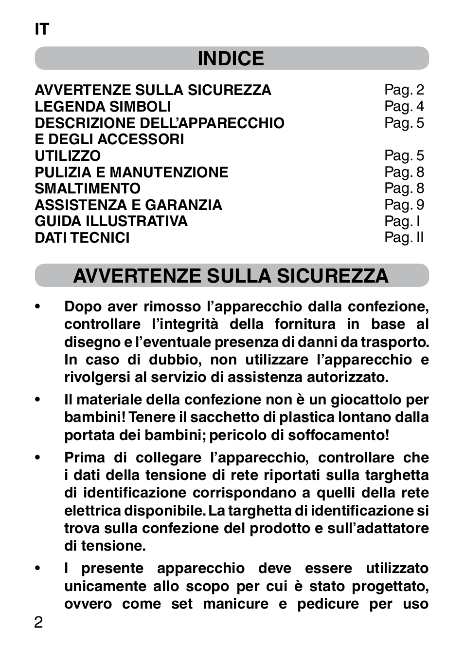 Indice, Avvertenze sulla sicurezza | Imetec BELLISSIMA SENSITIVE MP1 100 User Manual | Page 4 / 29
