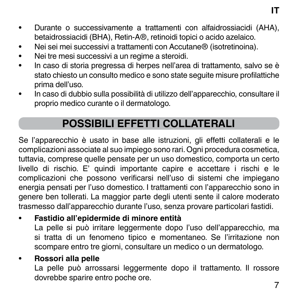 Possibili effetti collaterali | Imetec BELLISSIMA FACE FX User Manual | Page 11 / 92