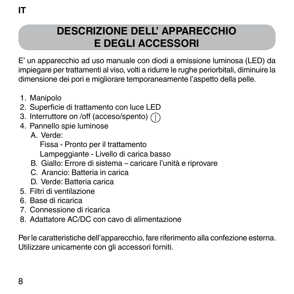 Descrizione dell’ apparecchio e degli accessori | Imetec BELLISSIMA FACE FX User Manual | Page 12 / 92
